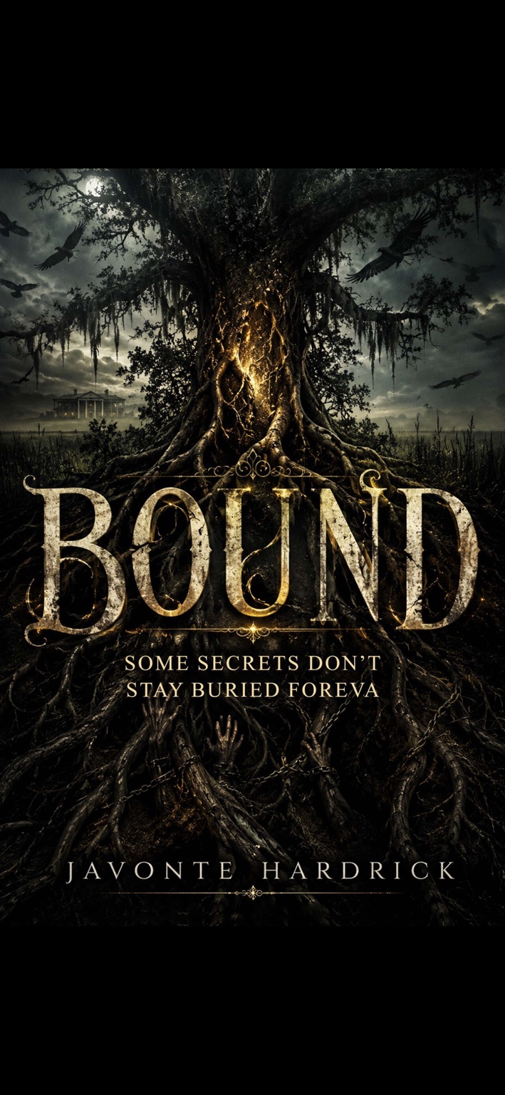 Official BOUND book cover by Javonte Hardrick showing a mysterious ancient tree